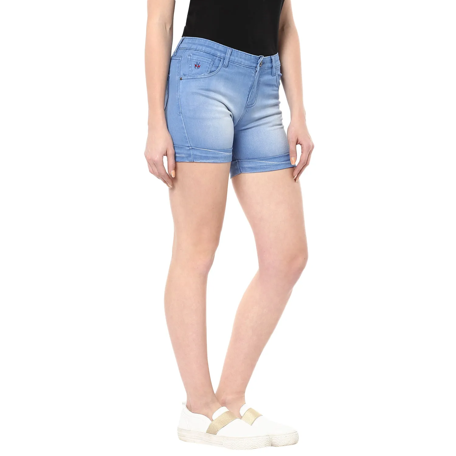 Blue Solid Denim Shorts