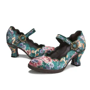 CrazycatZ Women's Leather Mary Jane Shoes Mary Jane Colorful Leather Oxfords Vintage Leather Pumps Green Floral