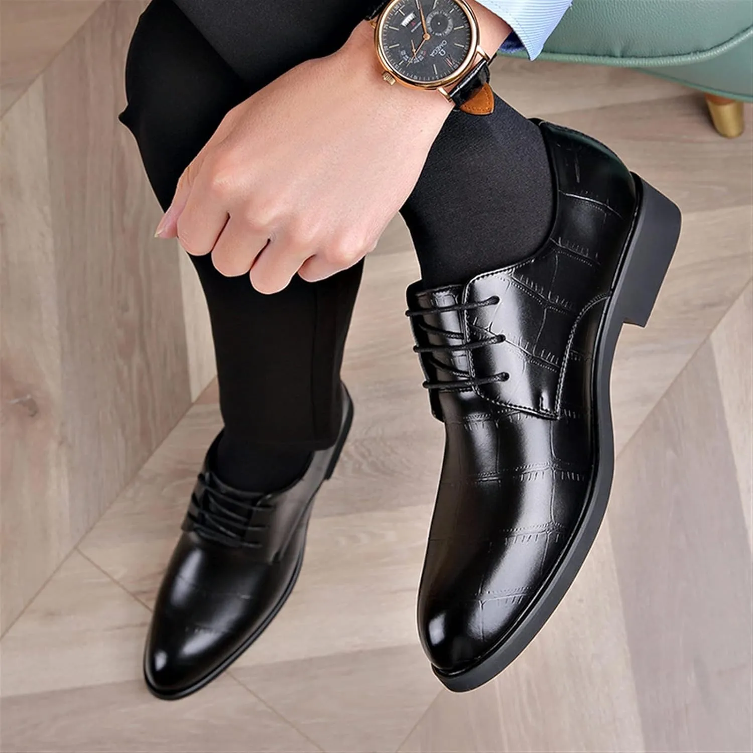 Dress Oxford for Men Lace Up Floral Derby Shoes Round Toe Vegan Leather Rubber Sole Block Heel Non Slip Low Top Party