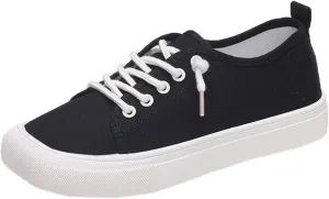 Fashion Spring and Summer Women Casual Shoes Canvas Flat Solid Color Style Lace Up Shoes Shoes Ladies (Black, 7.5)