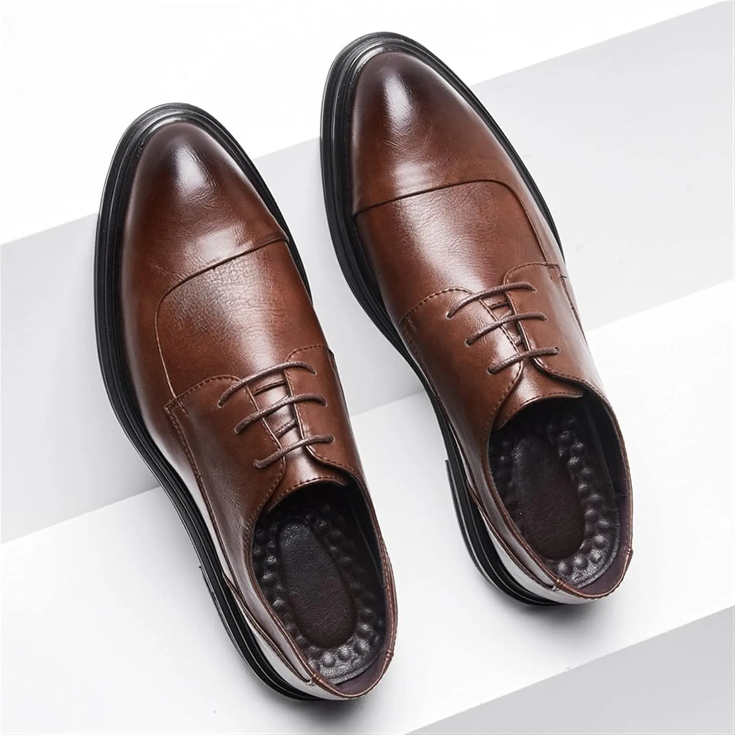 Formal Shoes Dress Oxford for Men Lace Up Derby Shoes Round Burnished Toe Vegan Leather Rubber Sole Anti-Slip Non Slip Party