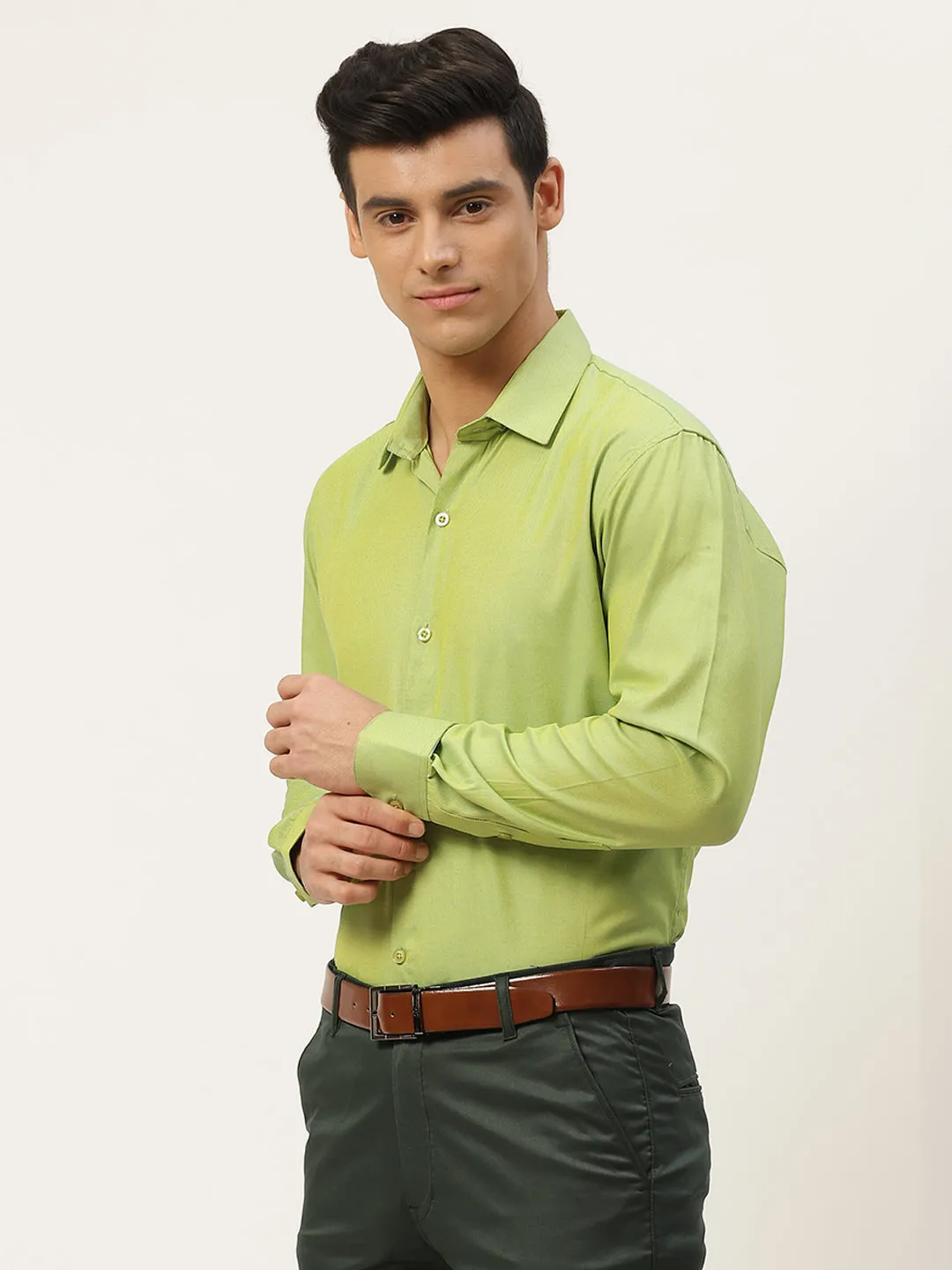 Men's Cotton Green Self Design Classic Formal Shirt - Sojanya