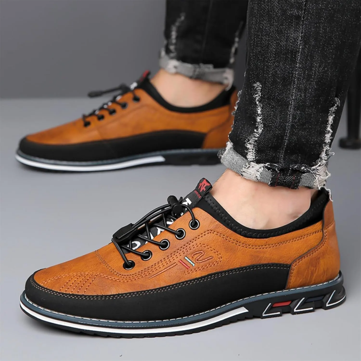 Mens Dress Shoes Casual Oxfords Lace-Up Lightweight Formal Business Shoes Leather Loafers Fashion Sneakers Driving Loafers Orange