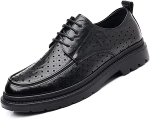 Men's Leather Platform Oxford Derby Shoes Hollow Out Breathable Lace-Up Business Casual Work Dress Shoes for Office Formal Comfort Walking