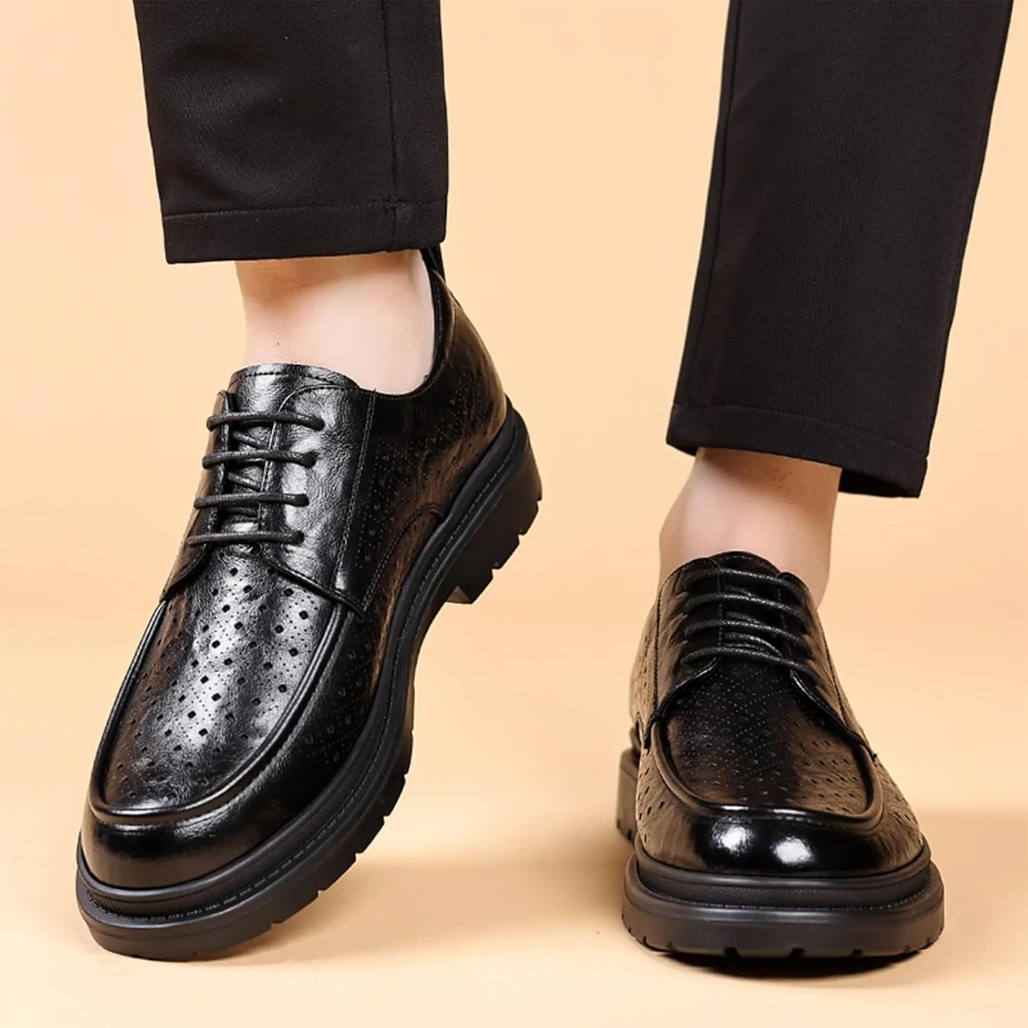 Men's Leather Platform Oxford Derby Shoes Hollow Out Breathable Lace-Up Business Casual Work Dress Shoes for Office Formal Comfort Walking