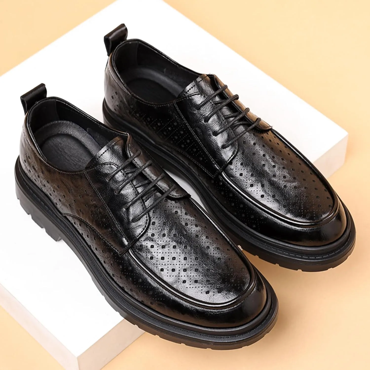 Men's Leather Platform Oxford Derby Shoes Hollow Out Breathable Lace-Up Business Casual Work Dress Shoes for Office Formal Comfort Walking