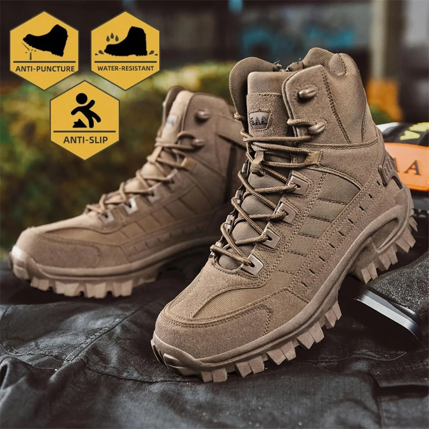 Men's Tactical Boots with Side Zipper, Waterproof Military Combat Boots, Lightweight Comfortable Hiking and Outdoor Boots