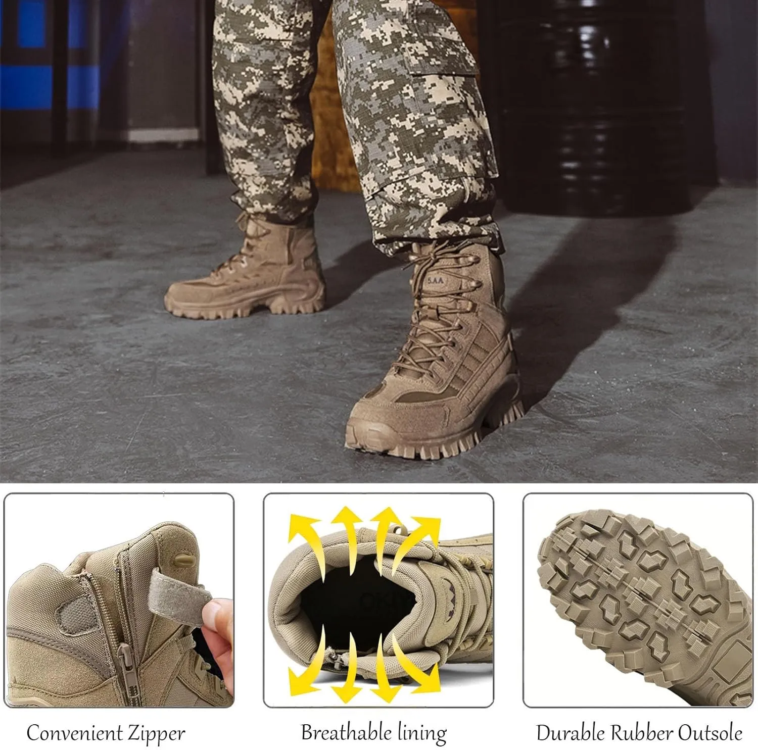 Men's Tactical Boots with Side Zipper, Waterproof Military Combat Boots, Lightweight Comfortable Hiking and Outdoor Boots