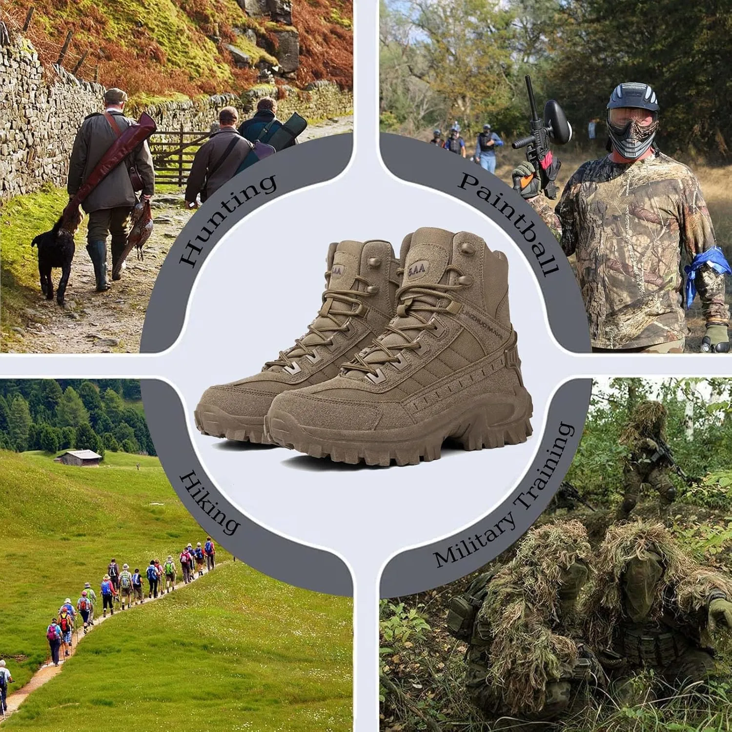 Men's Tactical Boots with Side Zipper, Waterproof Military Combat Boots, Lightweight Comfortable Hiking and Outdoor Boots