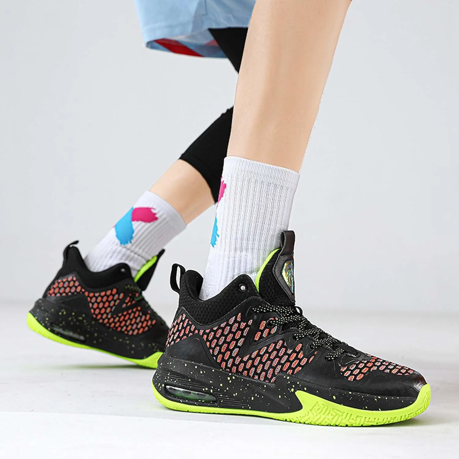 Mens White Mid Top Lace Up Basketball Sneakers Rubber Sole High Elasticity Running Shoes Lightweight and Breathable Casual Sneakers Wear Resistant and Durable Hiking Shoes Fitness Training Shoes