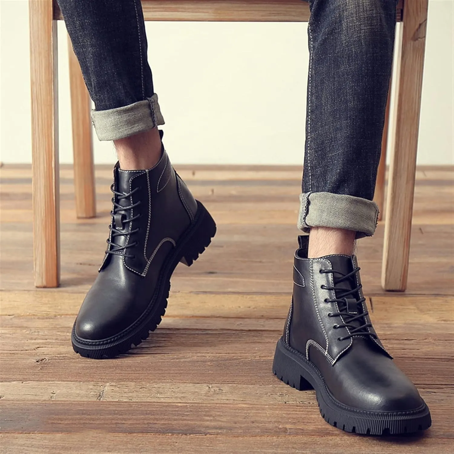 New Ankle Boots For Men Non Slip Block Heel Waterproof Derby Sewing Thread Cowhide Leather Fashion Dress Stylish