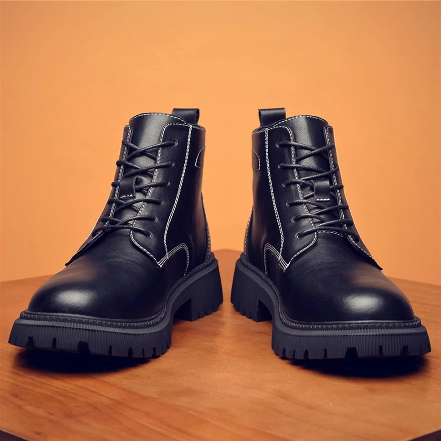 New Ankle Boots For Men Non Slip Block Heel Waterproof Derby Sewing Thread Cowhide Leather Fashion Dress Stylish