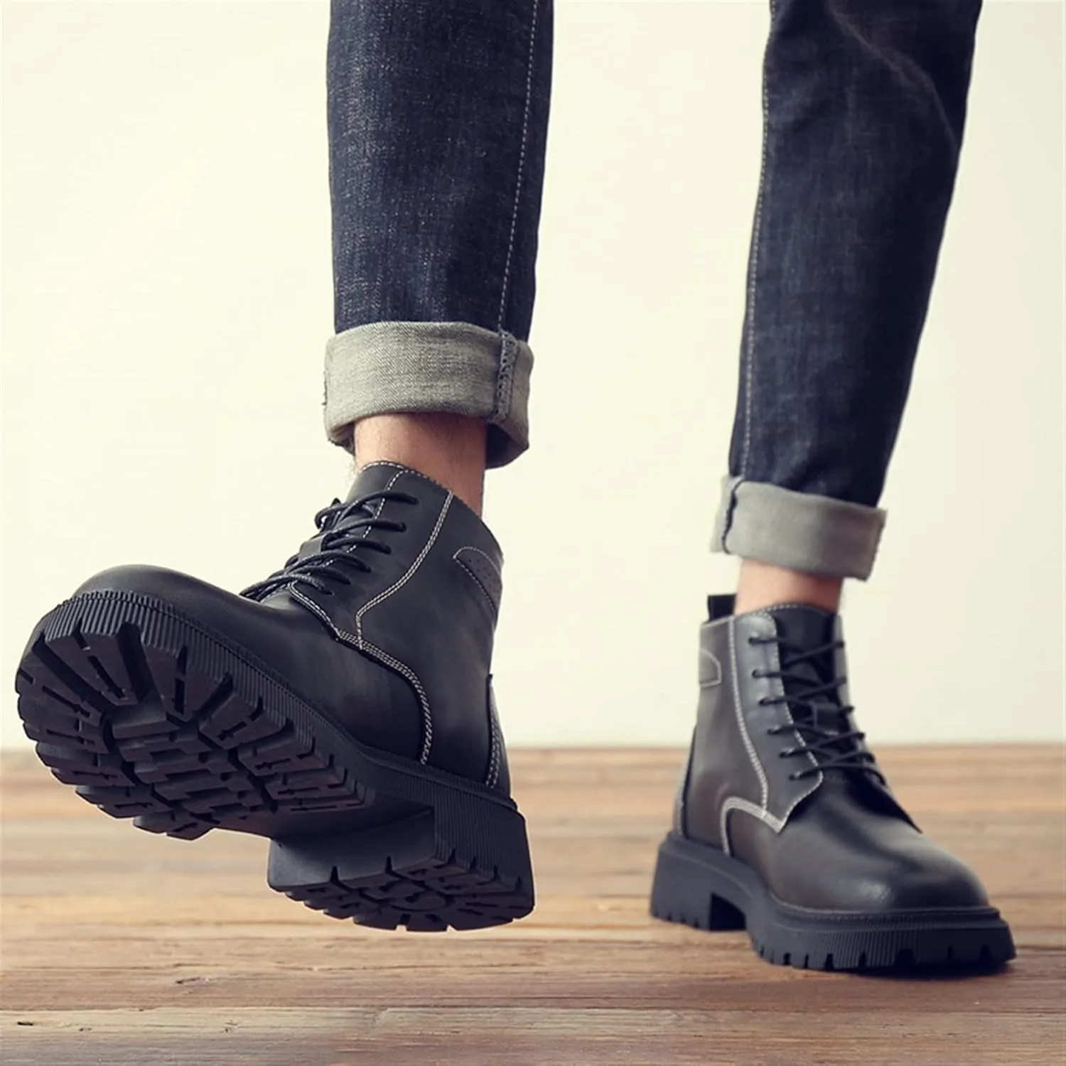 New Ankle Boots For Men Non Slip Block Heel Waterproof Derby Sewing Thread Cowhide Leather Fashion Dress Stylish
