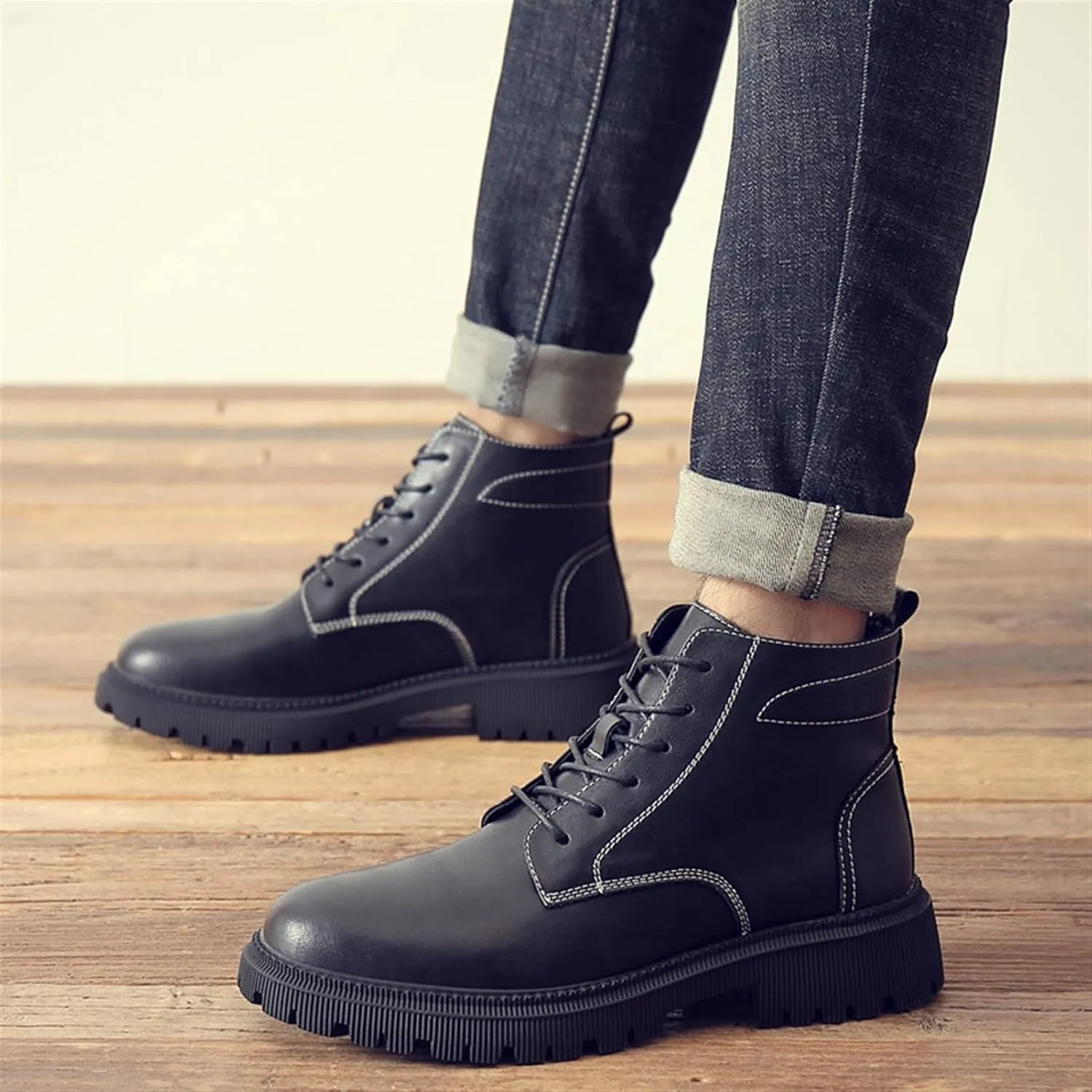 New Ankle Boots For Men Non Slip Block Heel Waterproof Derby Sewing Thread Cowhide Leather Fashion Dress Stylish