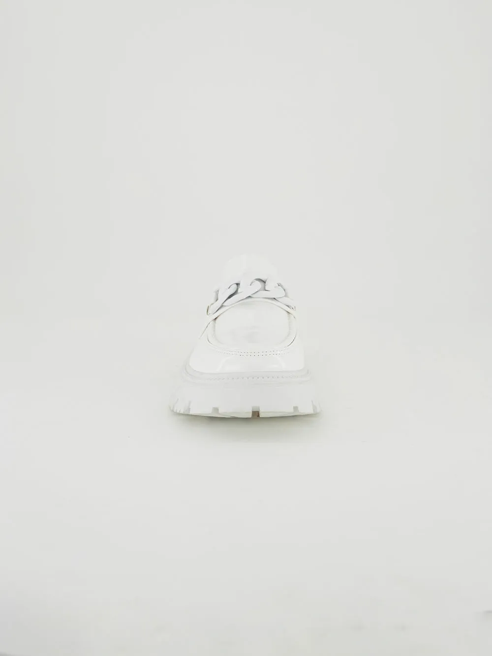 Patent High Loafer Shoe.White Chain Trim.
