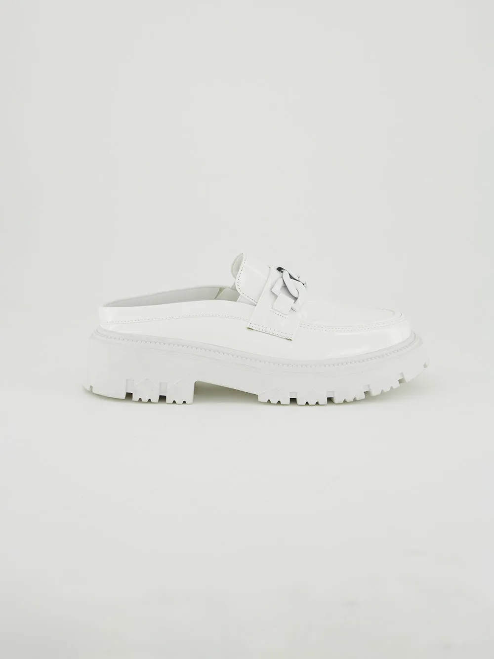 Patent High Loafer Shoe.White Chain Trim.