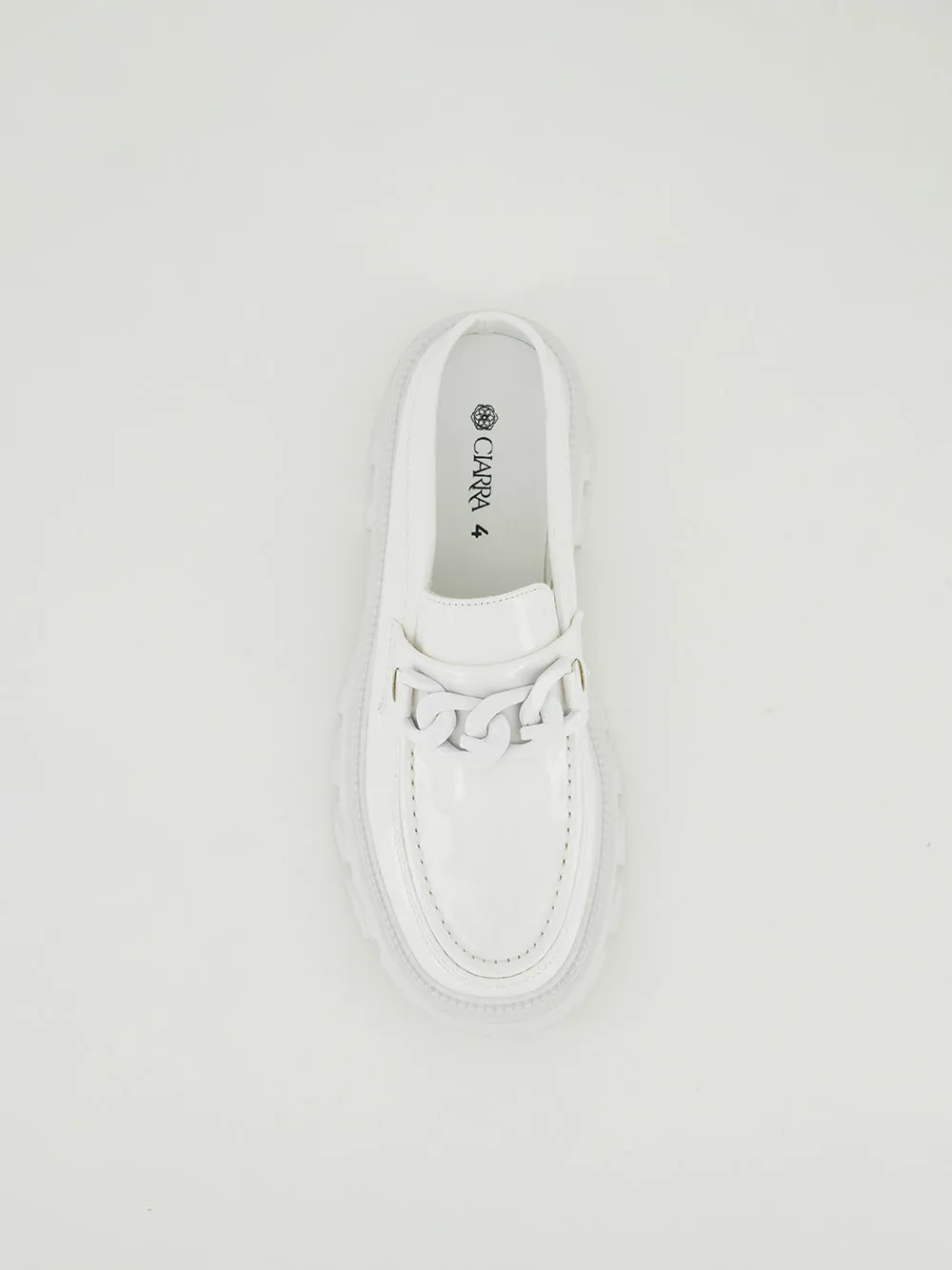 Patent High Loafer Shoe.White Chain Trim.
