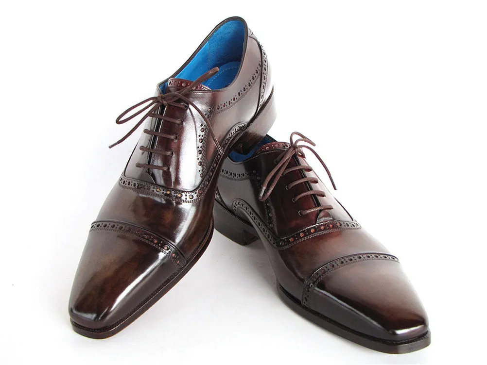 Paul Parkman Men's Captoe Oxfords Anthracite Brown Hand-Painted Leather Shoes (Id#024)