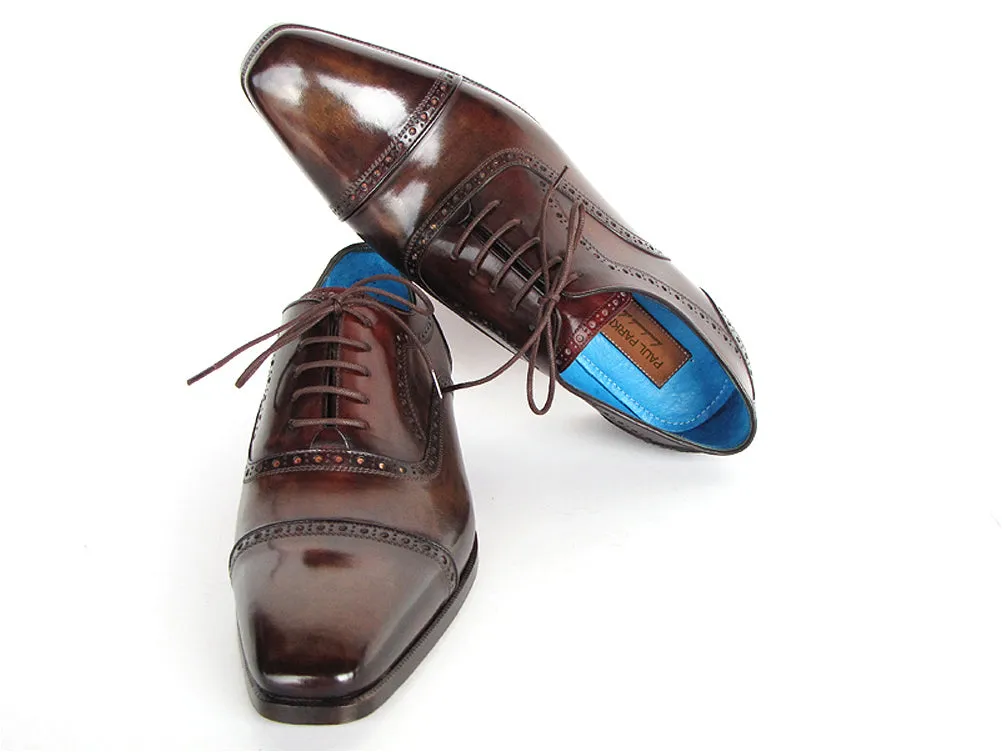 Paul Parkman Men's Captoe Oxfords Anthracite Brown Hand-Painted Leather Shoes (Id#024)