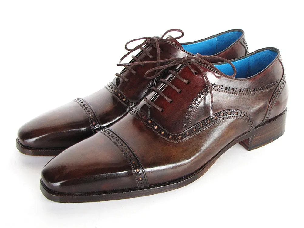 Paul Parkman Men's Captoe Oxfords Anthracite Brown Hand-Painted Leather Shoes (Id#024)