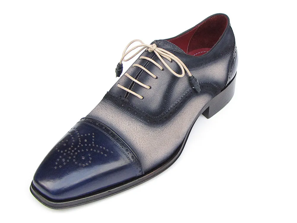 Paul Parkman Men's Captoe Oxfords Navy / Beige Hand-Painted Shoes (Id#024)