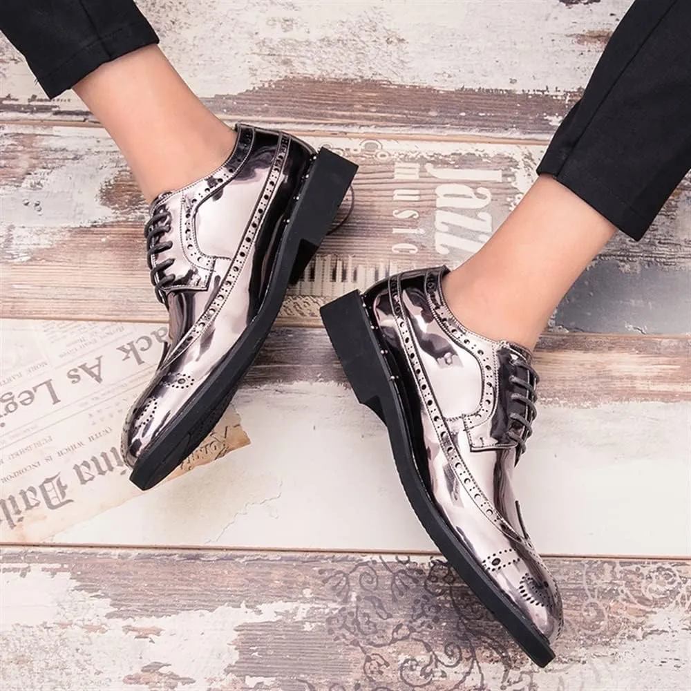 Shoes Dress Oxford for Men Lace Up Brogue Embossed Wing tip Shiny Derby Shoes Vegan Leather Block Heel Anti-Slip Rubber Sole Classic