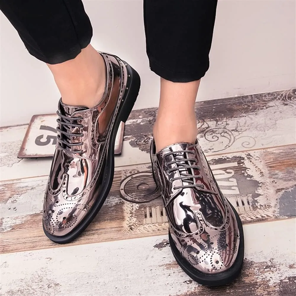 Shoes Dress Oxford for Men Lace Up Brogue Embossed Wing tip Shiny Derby Shoes Vegan Leather Block Heel Anti-Slip Rubber Sole Classic