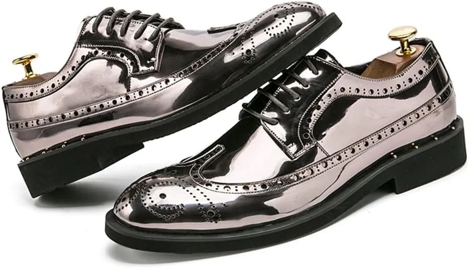 Shoes Dress Oxford for Men Lace Up Brogue Embossed Wing tip Shiny Derby Shoes Vegan Leather Block Heel Anti-Slip Rubber Sole Classic