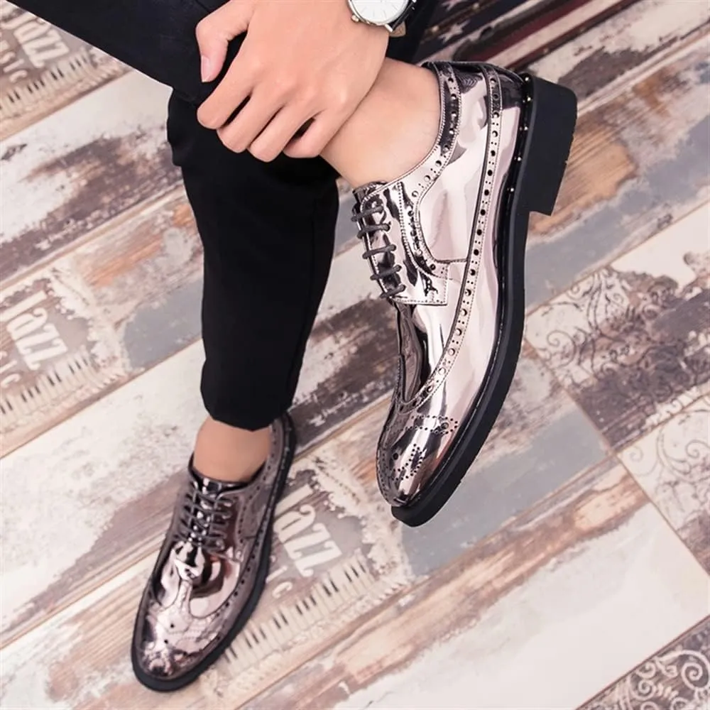 Shoes Dress Oxford for Men Lace Up Brogue Embossed Wing tip Shiny Derby Shoes Vegan Leather Block Heel Anti-Slip Rubber Sole Classic