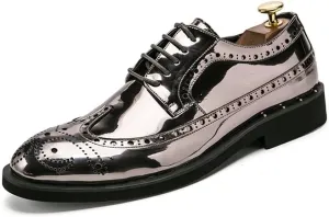 Shoes Dress Oxford for Men Lace Up Brogue Embossed Wing tip Shiny Derby Shoes Vegan Leather Block Heel Anti-Slip Rubber Sole Classic