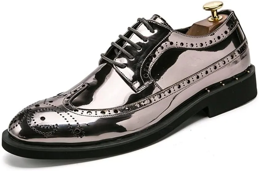 Shoes Dress Oxford for Men Lace Up Brogue Embossed Wing tip Shiny Derby Shoes Vegan Leather Block Heel Anti-Slip Rubber Sole Classic