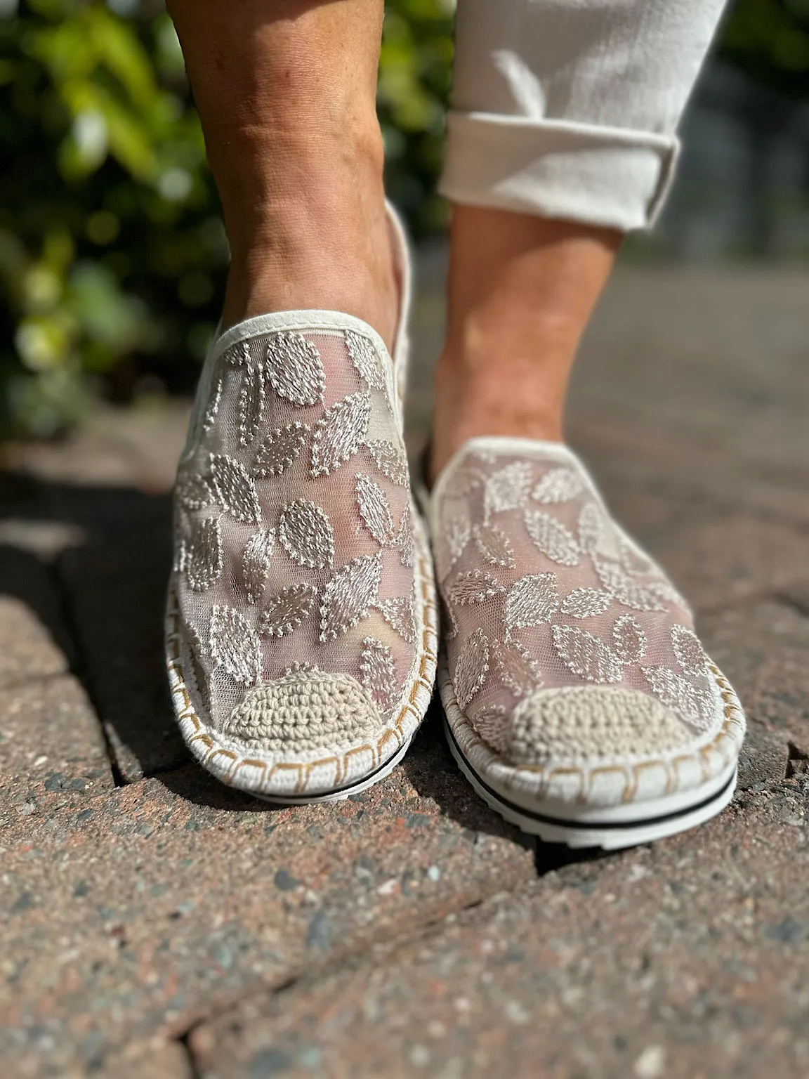 Stone Embroidered Mesh Espadrilles