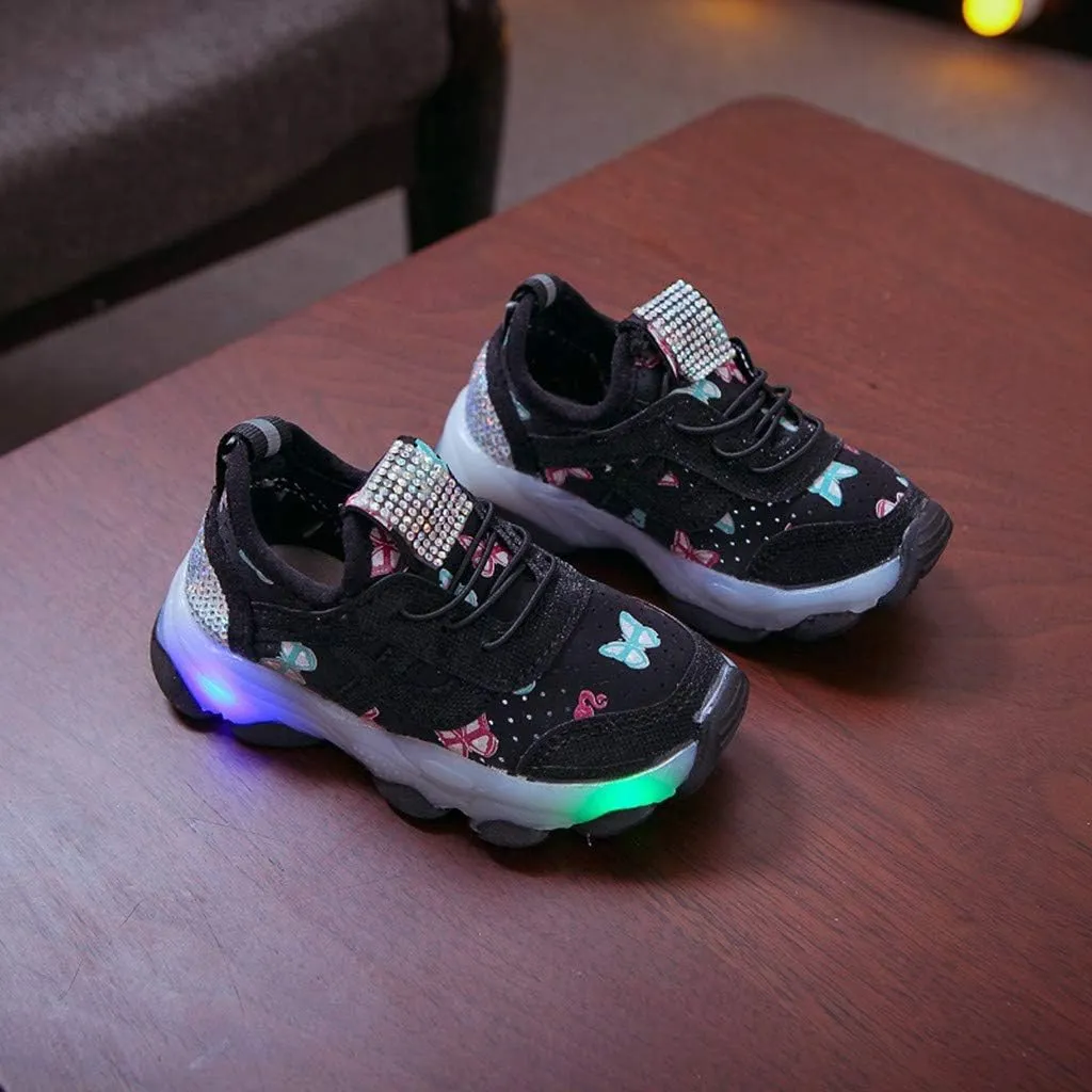 Toddler Girls Running Flat Sneakers, Kids Girls Butterfly Crystal LED Lighted Sports Breathable Running Sneakers