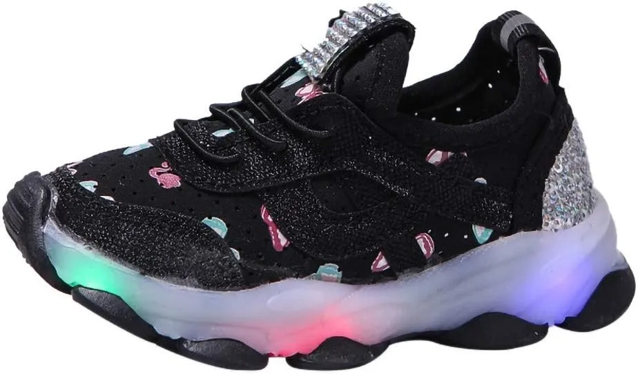 Toddler Girls Running Flat Sneakers, Kids Girls Butterfly Crystal LED Lighted Sports Breathable Running Sneakers