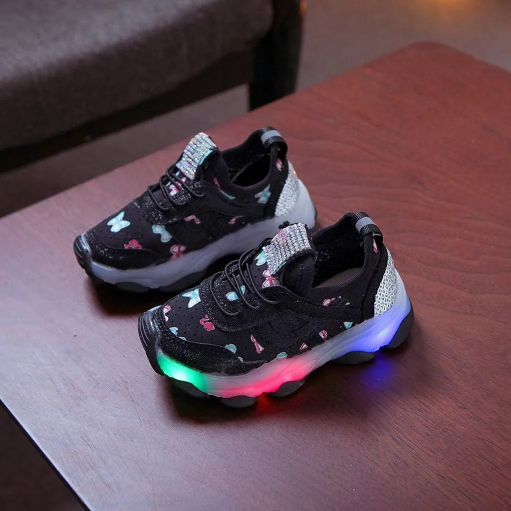 Toddler Girls Running Flat Sneakers, Kids Girls Butterfly Crystal LED Lighted Sports Breathable Running Sneakers