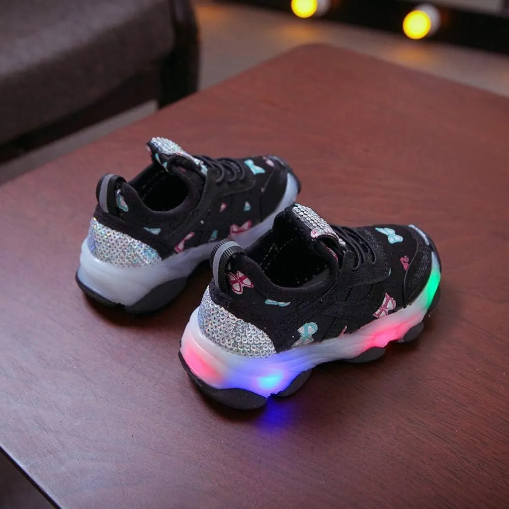 Toddler Girls Running Flat Sneakers, Kids Girls Butterfly Crystal LED Lighted Sports Breathable Running Sneakers