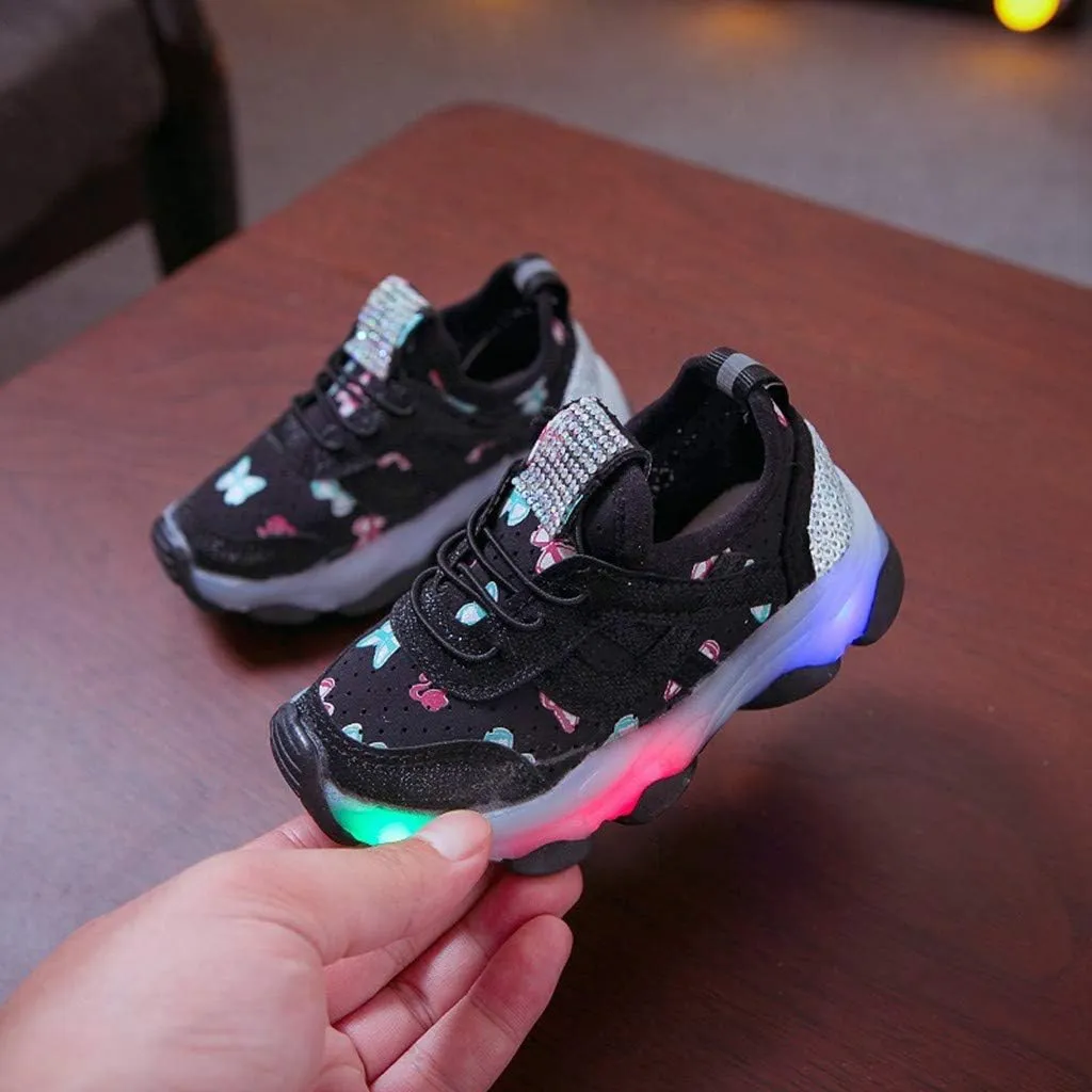 Toddler Girls Running Flat Sneakers, Kids Girls Butterfly Crystal LED Lighted Sports Breathable Running Sneakers
