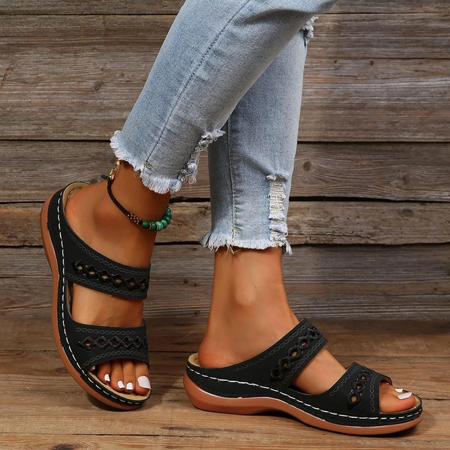 Women's Beige, Black, White Platform Wedge Sandals - Orthopedic Comfortable Arch Support - Slip On Dressy Summer Flip Flops - Casual Walking Wedges