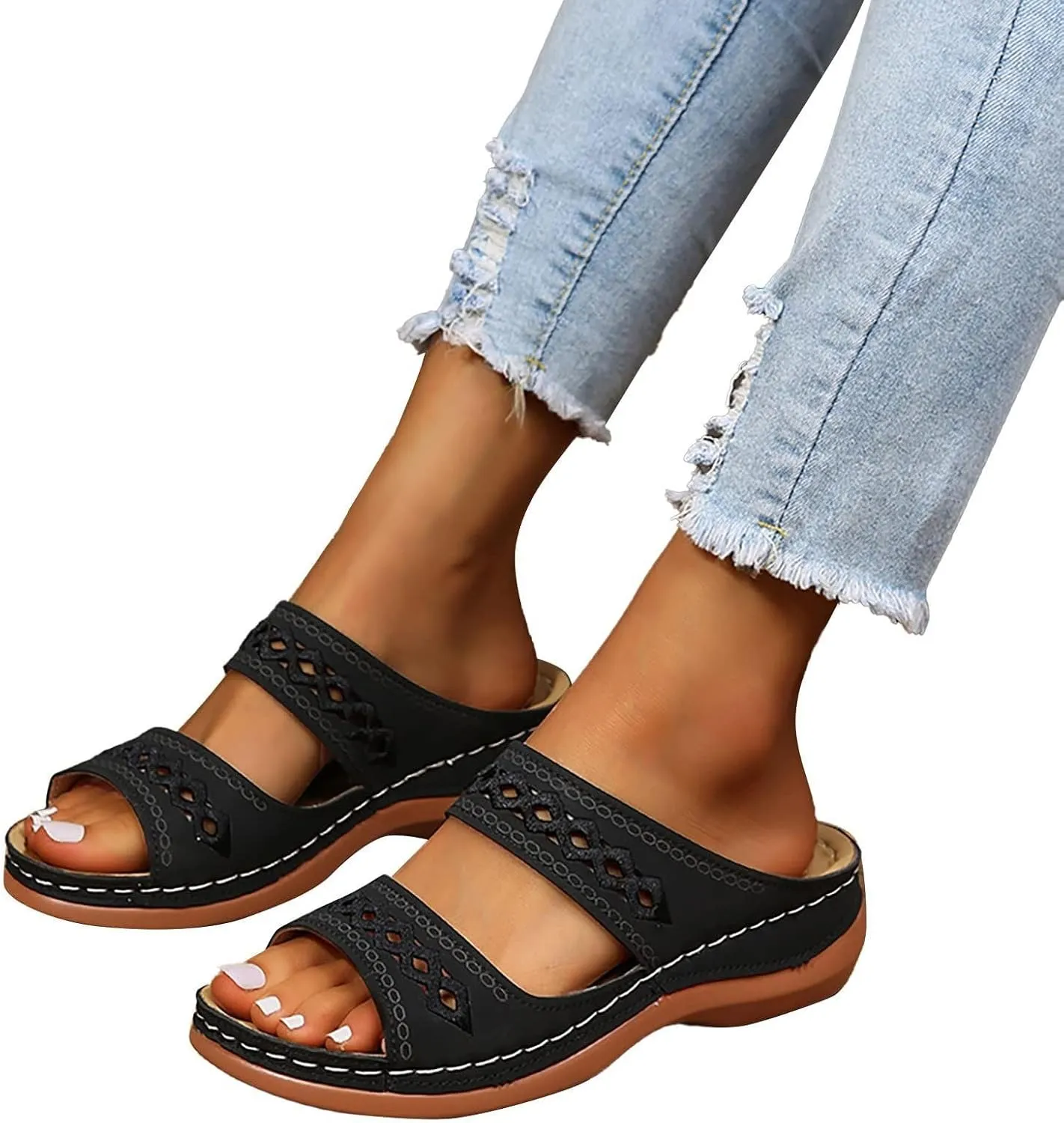 Women's Beige, Black, White Platform Wedge Sandals - Orthopedic Comfortable Arch Support - Slip On Dressy Summer Flip Flops - Casual Walking Wedges