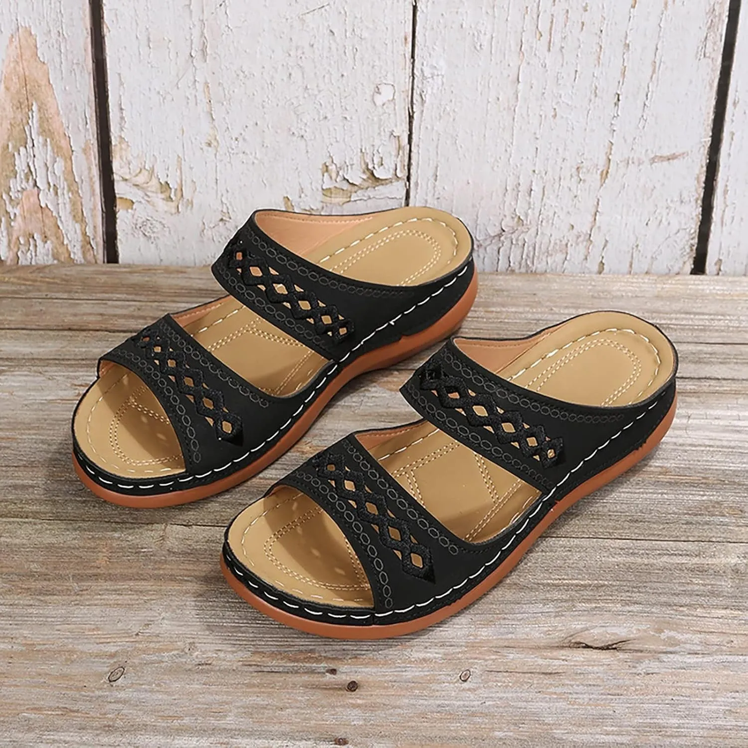 Women's Beige, Black, White Platform Wedge Sandals - Orthopedic Comfortable Arch Support - Slip On Dressy Summer Flip Flops - Casual Walking Wedges