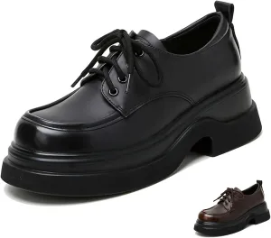 Women's Leather Lace Up Chunky Platform Oxfords Loafers Fashion Comfortable Round-Toe Soft Sole Non-Slip Heightening Derby Shoes Vintage Casual Office Business Dress Shoes