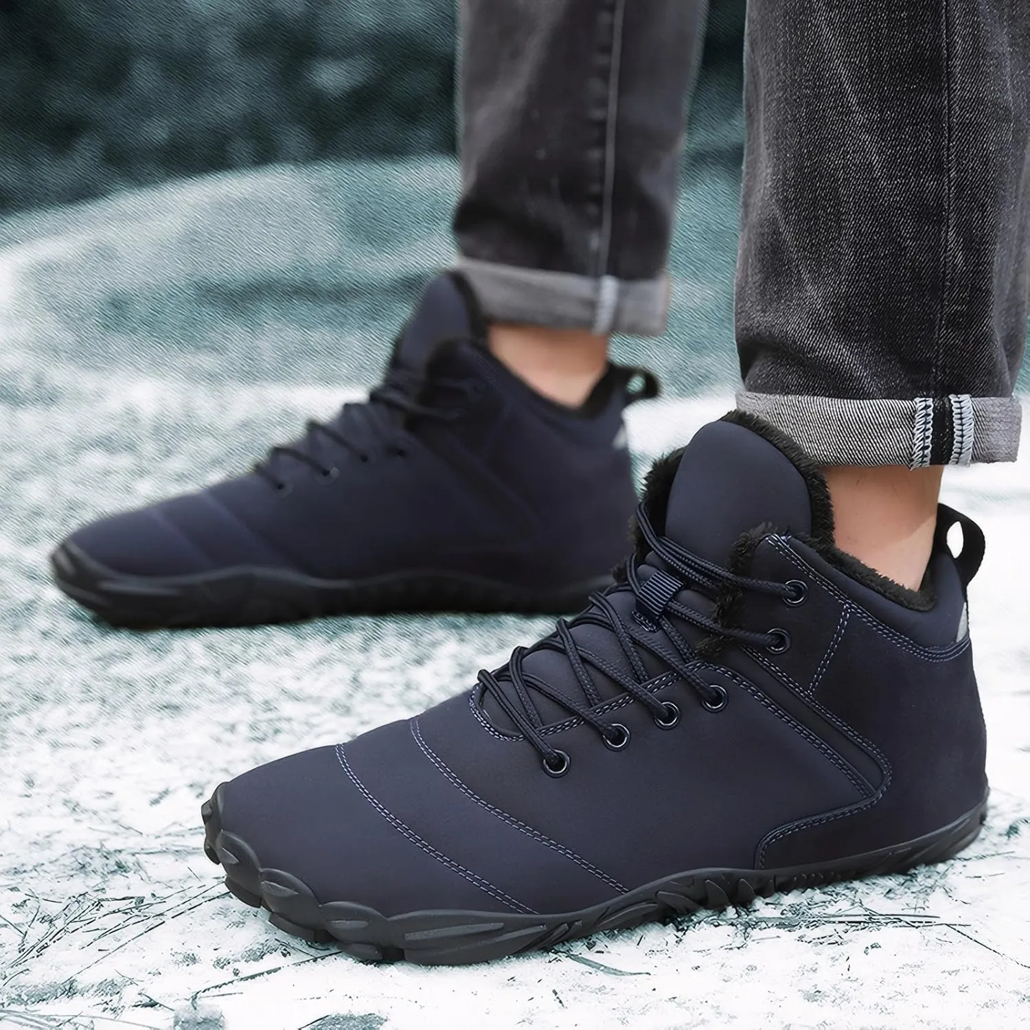 Women's Men's Winter Barefoot Shoes Warm Fur Lined Hiking Footwear Water-Resistant Snow Boots for Outdoor Hiking Cycling Camping